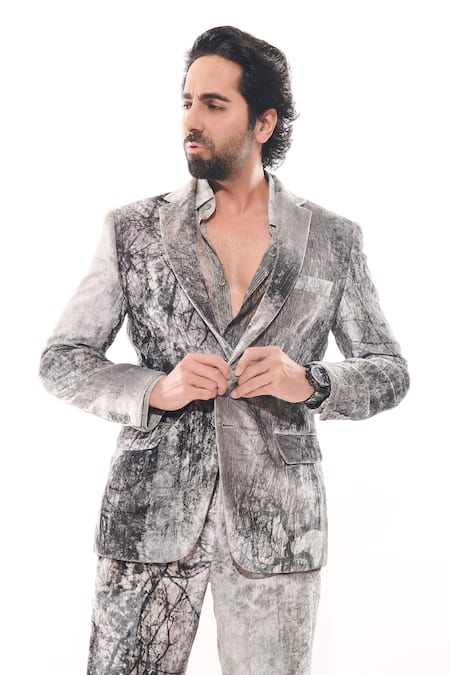 Shop Nirmooha White Velvet Forest Print Blazer Shop_Nirmooha_White Velvet Forest Print Blazer