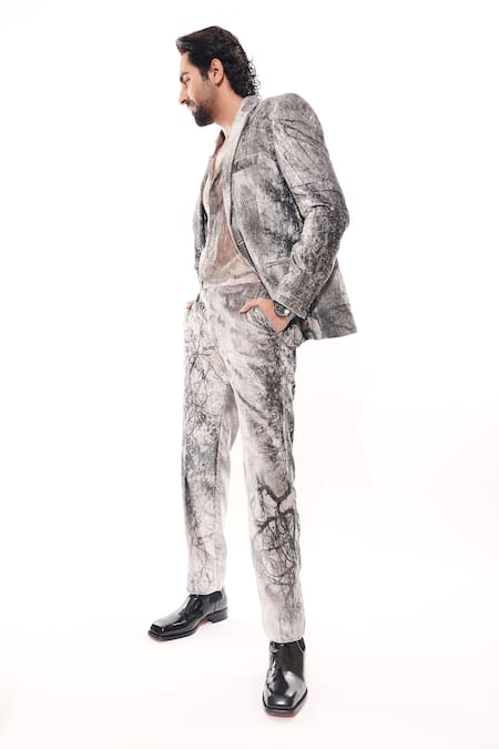 Nirmooha White Velvet Forest Print Pant at Aza Fashions Nirmooha_White Velvet Forest Print Pant _at_Aza_Fashions