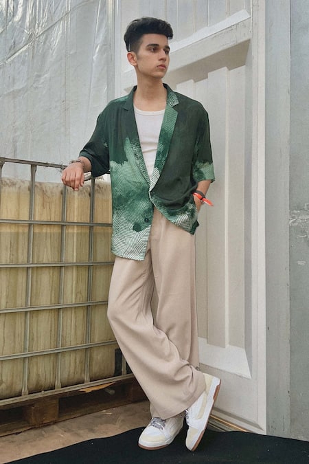 Buy Nirmooha Emerald Green Crepe Embroidery Bloch Print Hawaiian Shirt Online at Aza Fashions Buy_Nirmooha_Emerald Green Crepe Embroidery Bloch Print Hawaiian Shirt _Online_at_Aza_Fashions