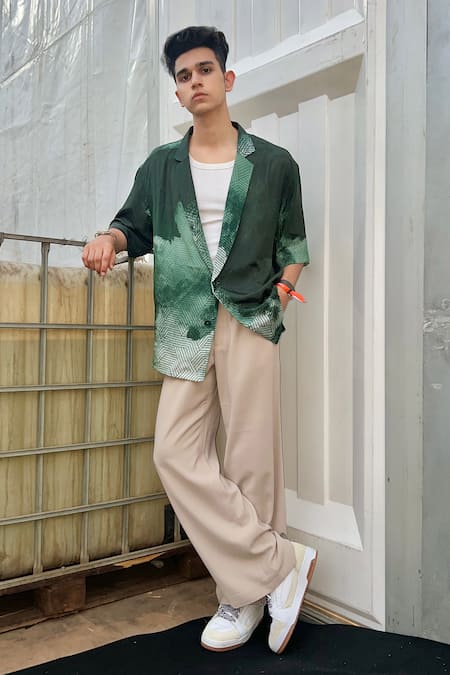 Nirmooha Emerald Green Crepe Embroidery Bloch Print Hawaiian Shirt at Aza Fashions Nirmooha_Emerald Green Crepe Embroidery Bloch Print Hawaiian Shirt _at_Aza_Fashions