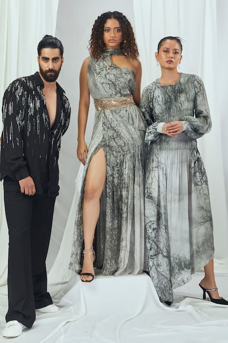 Shop Nirmooha White Lurex Embroidery One Shoulder Forest Print Gown Online at Aza Fashions Shop_Nirmooha_White Lurex Embroidery One Shoulder Forest Print Gown _Online_at_Aza_Fashions