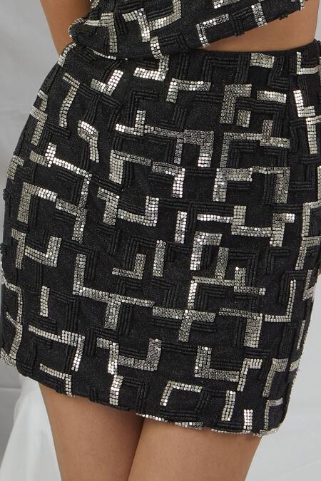 Buy_Nirmooha_Black Silk Sequins Shimmer Embroidered Mini Skirt _Online_at_Aza_Fashions