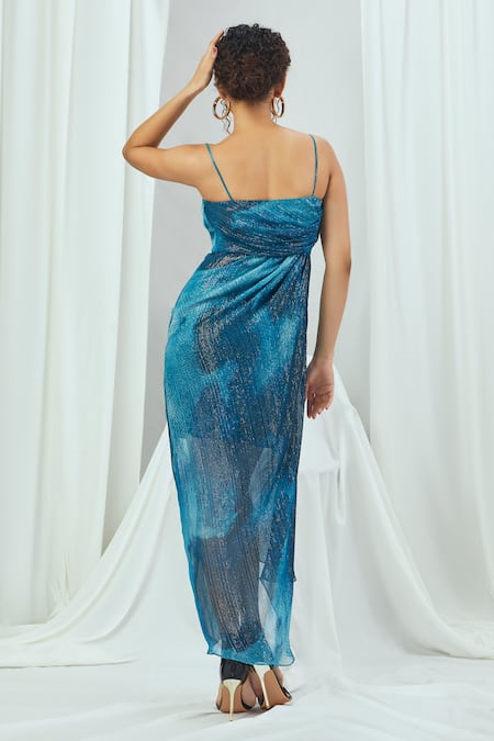 Shop Nirmooha Blue Lurex Sweetheart Neck Blotched Print Dress at Aza Fashions Shop_Nirmooha_Blue Lurex Sweetheart Neck Blotched Print Dress _at_Aza_Fashions