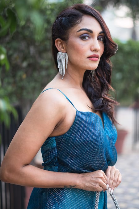 Nirmooha_Blue Lurex Sweetheart Neck Blotched Print Dress _Online_at_Aza_Fashions