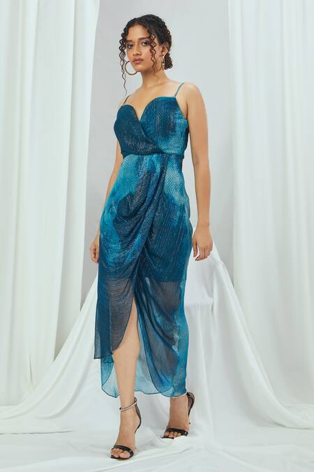 Nirmooha Blue Lurex Sweetheart Neck Blotched Print Dress at Aza Fashions Nirmooha_Blue Lurex Sweetheart Neck Blotched Print Dress _at_Aza_Fashions