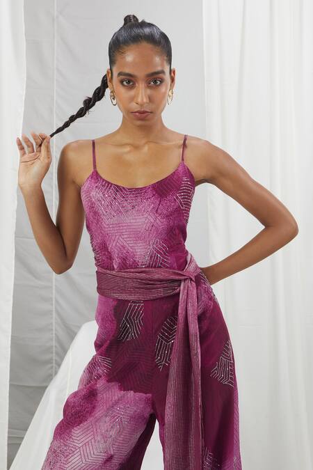 Nirmooha_Red Crepe Embroidery Round Neck Abstract Print Jumpsuit _Online_at_Aza_Fashions