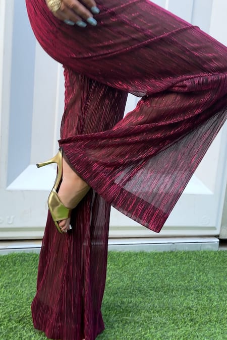 Buy_Nirmooha_Red Polyester Metallic Flared Pant _Online_at_Aza_Fashions