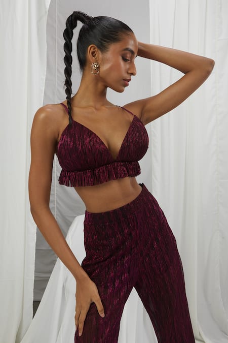 Shop_Nirmooha_Red Polyester Metallic Flared Pant _Online_at_Aza_Fashions