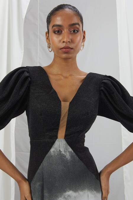 Nirmooha_White Crepe, Silk V-neck Landscape Print Dress _Online_at_Aza_Fashions