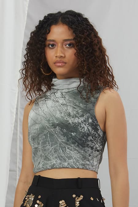 Nirmooha_White Crepe High Neck Forest Print Top _Online_at_Aza_Fashions