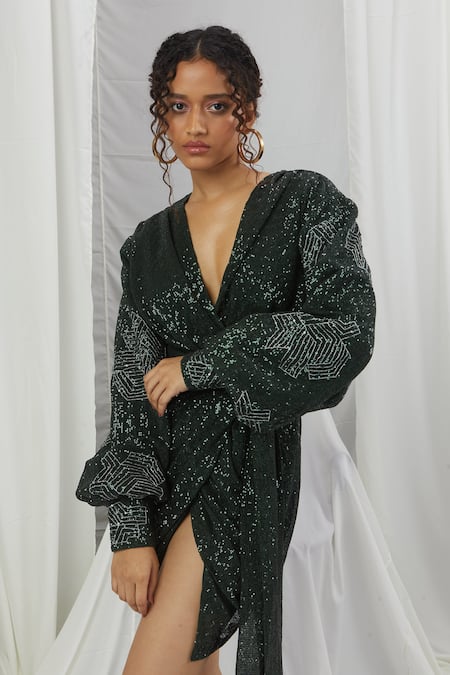 Buy_Nirmooha_Green Silk Sequins V-neck Embroidered Dress _Online_at_Aza_Fashions