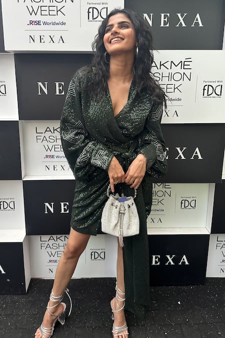 Shop_Nirmooha_Green Silk Sequins V-neck Embroidered Dress 