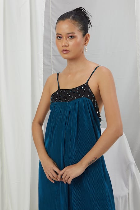 Nirmooha Blue Polyester Embroidery Square Neck Pleated Jumpsuit Online at Aza Fashions Nirmooha_Blue Polyester Embroidery Square Neck Pleated Jumpsuit _Online_at_Aza_Fashions