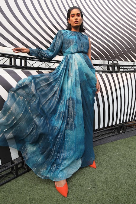Buy Nirmooha Blue Lurex One Shoulder Blotch Print Drape Dress Online at Aza Fashions Buy_Nirmooha_Blue Lurex One Shoulder Blotch Print Drape Dress _Online_at_Aza_Fashions