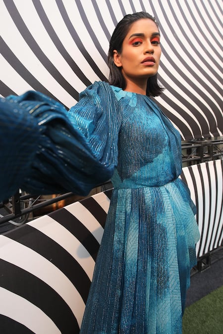 Shop Nirmooha Blue Lurex One Shoulder Blotch Print Drape Dress Online at Aza Fashions Shop_Nirmooha_Blue Lurex One Shoulder Blotch Print Drape Dress _Online_at_Aza_Fashions