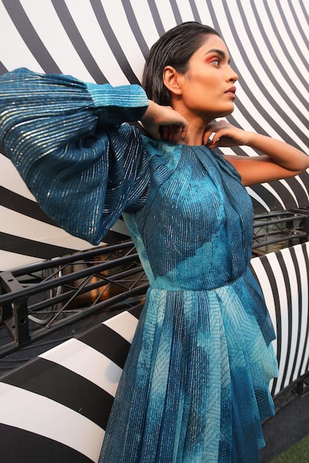 Nirmooha Blue Lurex One Shoulder Blotch Print Drape Dress at Aza Fashions Nirmooha_Blue Lurex One Shoulder Blotch Print Drape Dress _at_Aza_Fashions