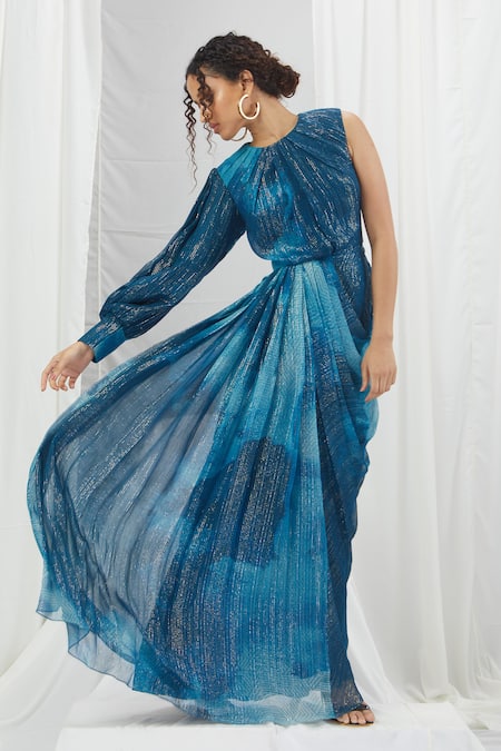 Shop Nirmooha Blue Lurex One Shoulder Blotch Print Drape Dress Shop_Nirmooha_Blue Lurex One Shoulder Blotch Print Drape Dress