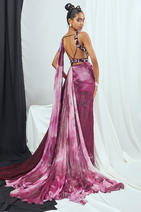 Buy Nirmooha Purple Lurex Sequins Sweetheart Neck Pre-draped Ombre Saree With Blouse Online at Aza Fashions Buy_Nirmooha_Purple Lurex Sequins Sweetheart Neck Pre-draped Ombre Saree With Blouse _Online_at_Aza_Fashions
