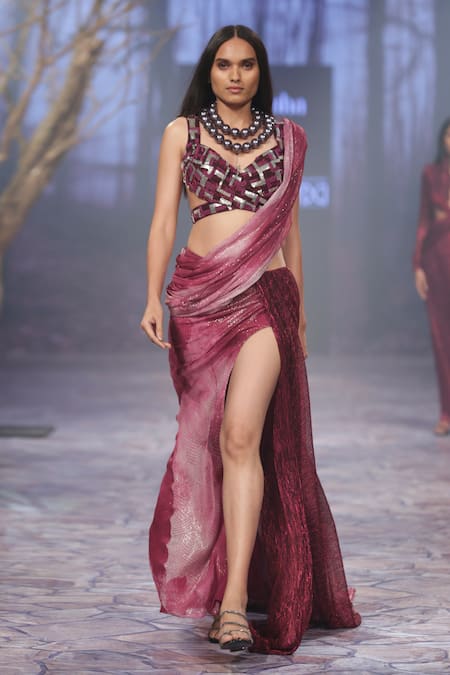 Shop Nirmooha Purple Lurex Sequins Sweetheart Neck Pre-draped Ombre Saree With Blouse Online at Aza Fashions Shop_Nirmooha_Purple Lurex Sequins Sweetheart Neck Pre-draped Ombre Saree With Blouse _Online_at_Aza_Fashions