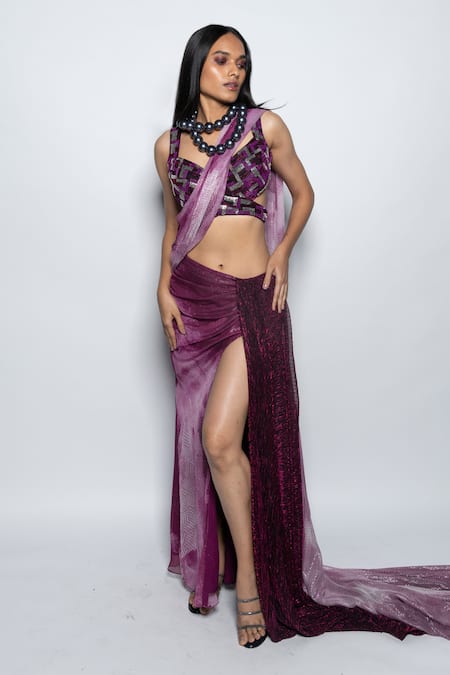 Buy Nirmooha Purple Lurex Sequins Sweetheart Neck Pre-draped Ombre Saree With Blouse Buy_Nirmooha_Purple Lurex Sequins Sweetheart Neck Pre-draped Ombre Saree With Blouse