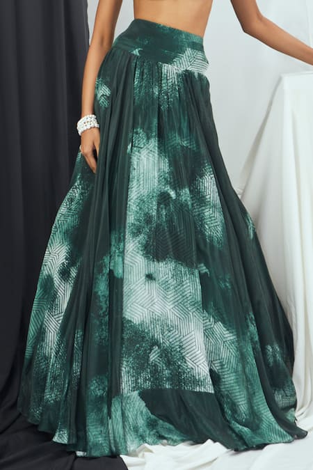 Nirmooha_Green Crepe Square Neck Blotch Print Lehenga With Bralette _Online_at_Aza_Fashions