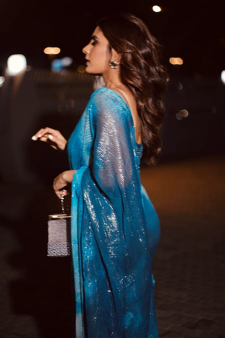 Shop_Nirmooha_Blue Lurex, Silk, Nylon Sequins, Cut Pre-draped Ruffle Hem Saree With Blouse _Online_at_Aza_Fashions