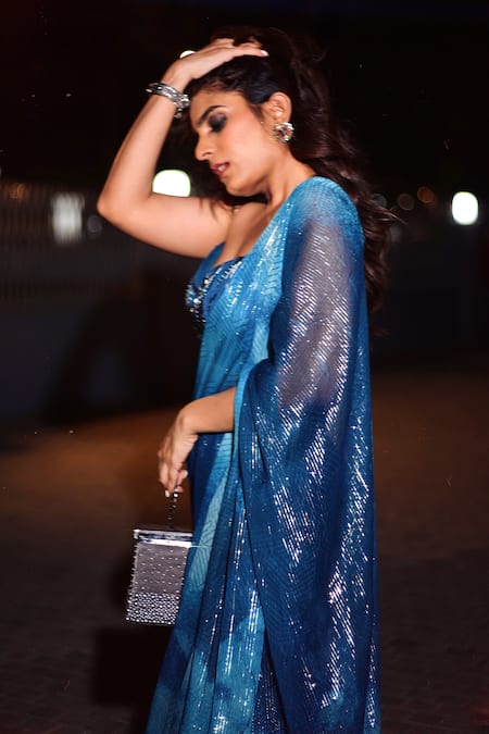 Buy_Nirmooha_Blue Lurex, Silk, Nylon Sequins, Cut Pre-draped Ruffle Hem Saree With Blouse 