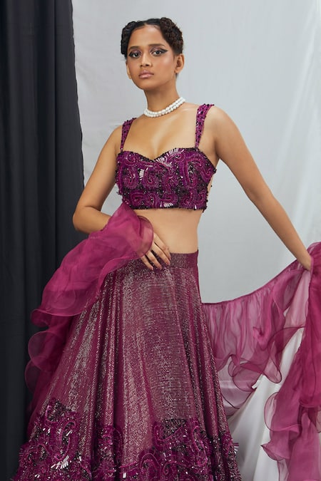 Buy Nirmooha Purple Lurex Embroidery Sweetheart Neck Hand Lehenga Set Online at Aza Fashions Buy_Nirmooha_Purple Lurex Embroidery Sweetheart Neck Hand Lehenga Set _Online_at_Aza_Fashions