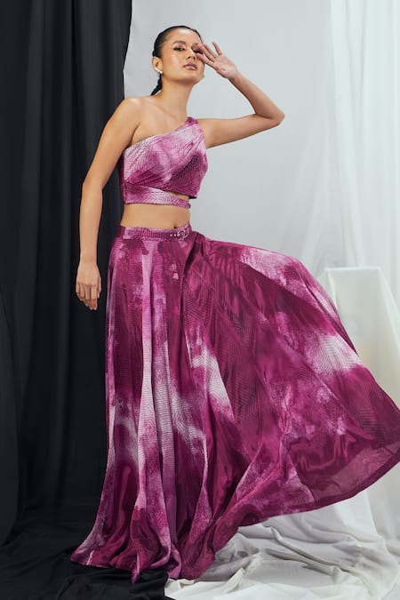 Nirmooha Purple Crepe Print Geometric Asymmetric Neck Blotch Lehenga With Blouse 