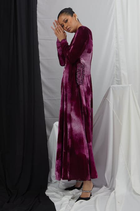 Nirmooha_Purple Velvet, Lurex, Nylon Tassels, Crystals V-neck Blotch Print Anarkali Set _Online_at_Aza_Fashions