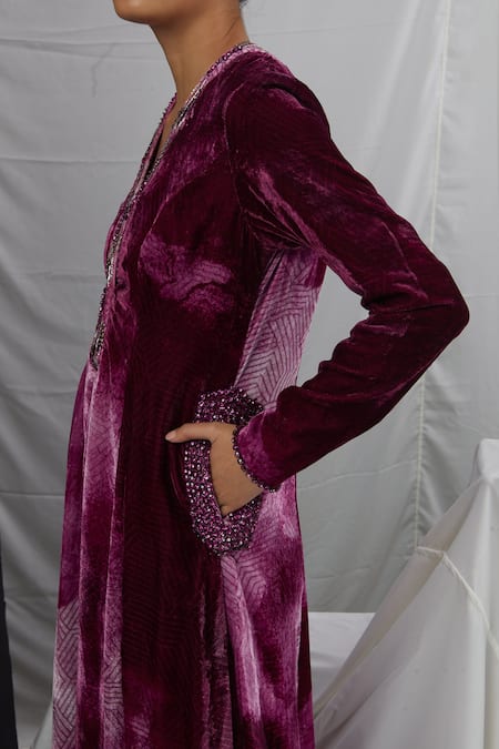 Buy_Nirmooha_Purple Velvet, Lurex, Nylon Tassels, Crystals V-neck Blotch Print Anarkali Set _Online_at_Aza_Fashions