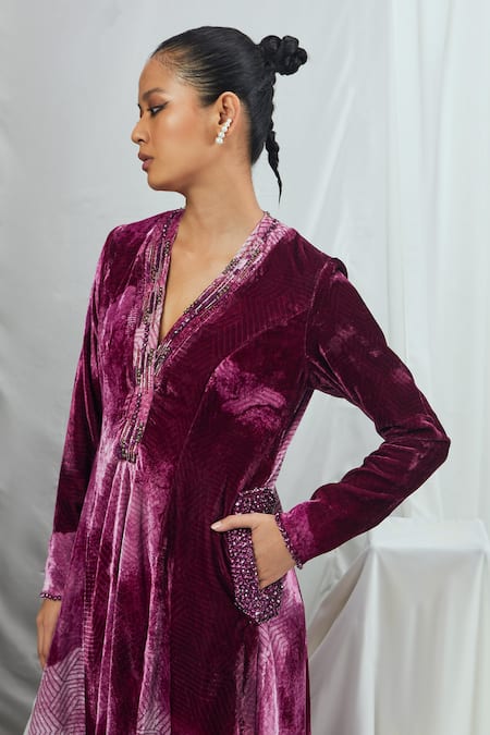 Shop_Nirmooha_Purple Velvet, Lurex, Nylon Tassels, Crystals V-neck Blotch Print Anarkali Set _Online_at_Aza_Fashions