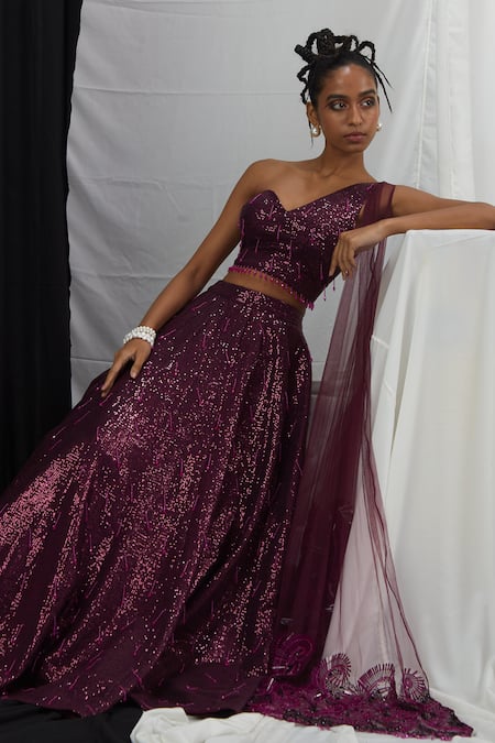 Nirmooha_Purple Polyester Crystals Sweetheart Sequin Hand Embroidered Lehenga With Blouse _Online_at_Aza_Fashions