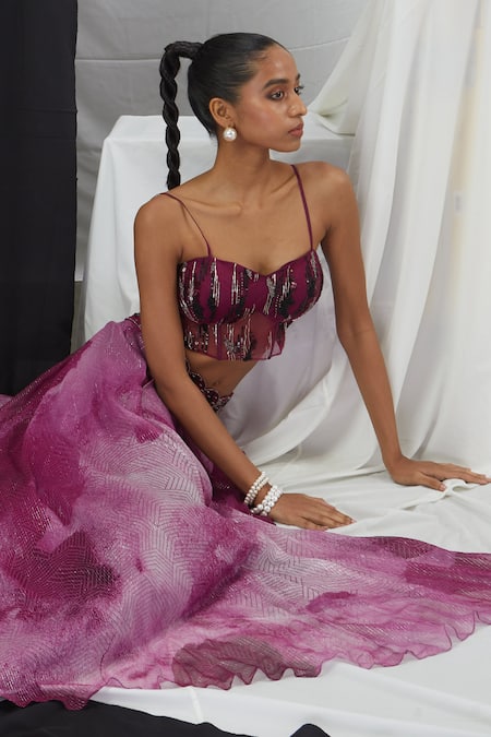 Nirmooha_Purple Net, Lurex Sequins, Embroidery Blotch Print Lehenga And Corset Set _Online_at_Aza_Fashions