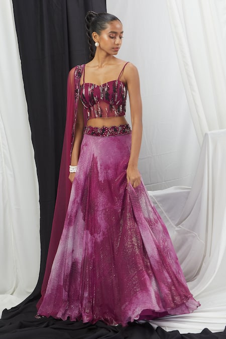 Nirmooha_Purple Net, Lurex Sequins, Embroidery Blotch Print Lehenga And Corset Set _at_Aza_Fashions
