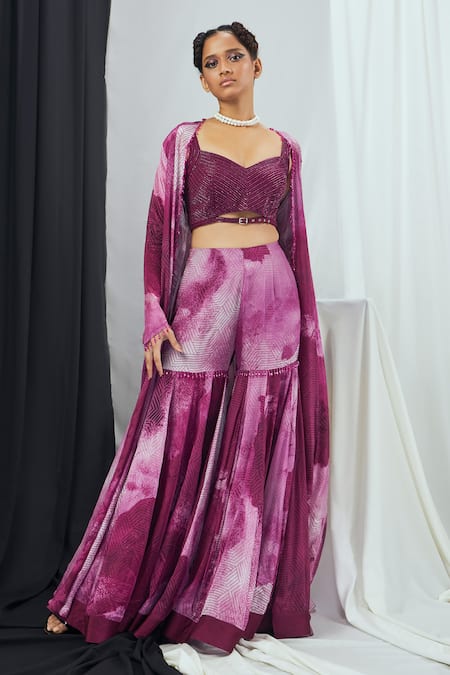 Nirmooha Purple Crepe Print Blotch Sweetheart Neck Cape Sharara Set 