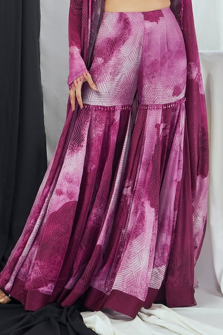Nirmooha_Purple Crepe Beads, Lace Sweetheart Neck Blotch Print Cape Sharara Set _Online_at_Aza_Fashions