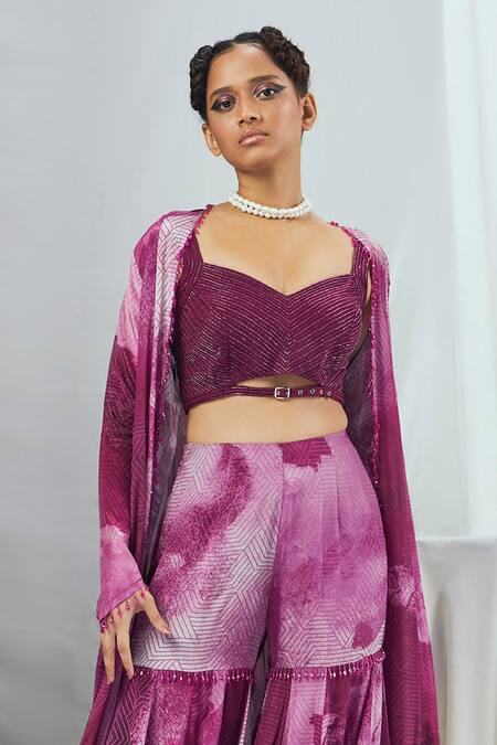 Buy_Nirmooha_Purple Crepe Beads, Lace Sweetheart Neck Blotch Print Cape Sharara Set _Online_at_Aza_Fashions