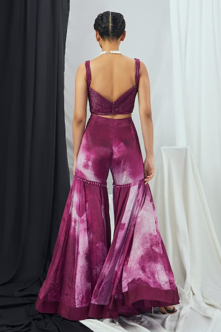 Shop_Nirmooha_Purple Crepe Beads, Lace Sweetheart Neck Blotch Print Cape Sharara Set _Online_at_Aza_Fashions