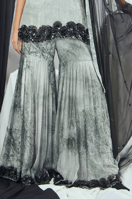 Nirmooha_White Net, Lurex Sequins V-neck Placement Hand Embroidered Kurta Sharara Set _Online_at_Aza_Fashions