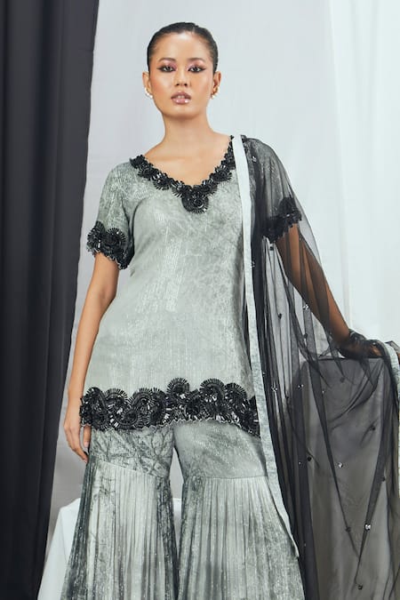 Buy_Nirmooha_White Net, Lurex Sequins V-neck Placement Hand Embroidered Kurta Sharara Set _Online_at_Aza_Fashions