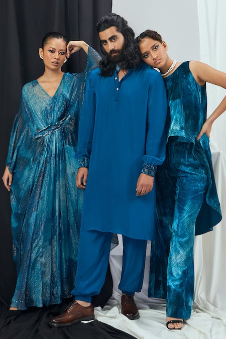 Shop Nirmooha Blue Velvet Round Neck Asymmetric Blotch Print Tunic With Pant Online at Aza Fashions Shop_Nirmooha_Blue Velvet Round Neck Asymmetric Blotch Print Tunic With Pant _Online_at_Aza_Fashions