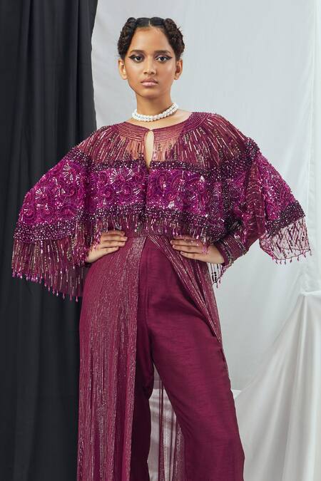 Buy_Nirmooha_Purple Net, Lurex, Nylon Sequins, Crystals Hand Embroidered Anarkali And Cape Set _Online_at_Aza_Fashions