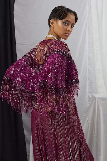 Shop_Nirmooha_Purple Net, Lurex, Nylon Sequins, Crystals Hand Embroidered Anarkali And Cape Set _Online_at_Aza_Fashions