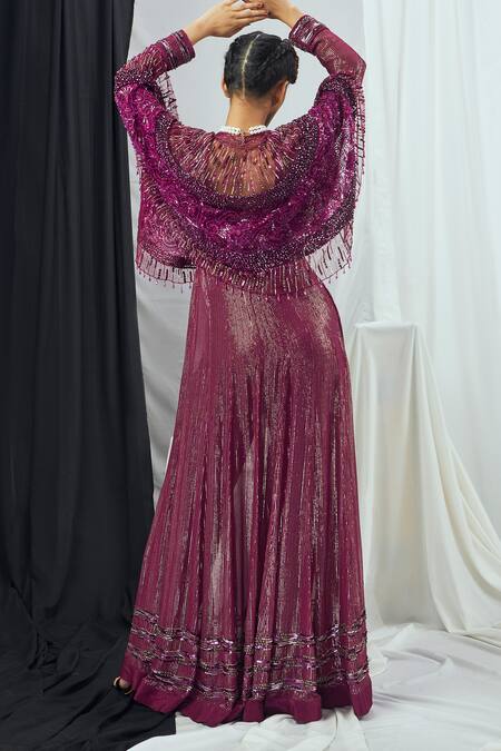 Nirmooha_Purple Net, Lurex, Nylon Sequins, Crystals Hand Embroidered Anarkali And Cape Set _at_Aza_Fashions
