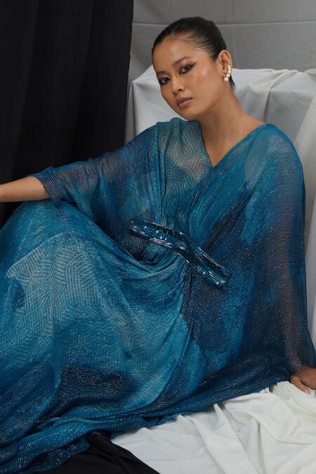 Nirmooha_Blue Lurex, Nylon Embroidery V-neck Blotch Print Kaftan With Slip _Online_at_Aza_Fashions