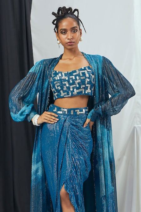 Nirmooha_Blue Lurex Sequins, Embroidery Square Neck Blotch Print Cape And Draped Skirt Set _Online_at_Aza_Fashions
