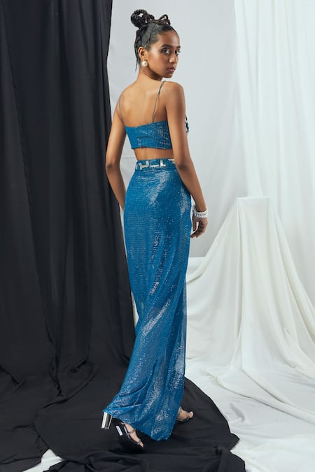 Buy_Nirmooha_Blue Lurex Sequins, Embroidery Square Neck Blotch Print Cape And Draped Skirt Set _Online_at_Aza_Fashions
