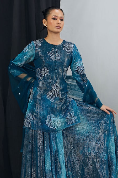 Nirmooha_Blue Net, Lurex Sequins Round Neck Hand Embroidered Kurta Sharara Set _Online_at_Aza_Fashions