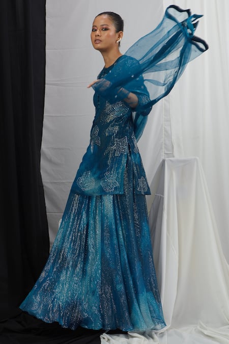 Buy_Nirmooha_Blue Net, Lurex Sequins Round Neck Hand Embroidered Kurta Sharara Set _Online_at_Aza_Fashions